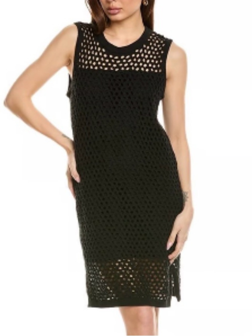 LNA Black Sleeveless Open-Knit Midi Dress